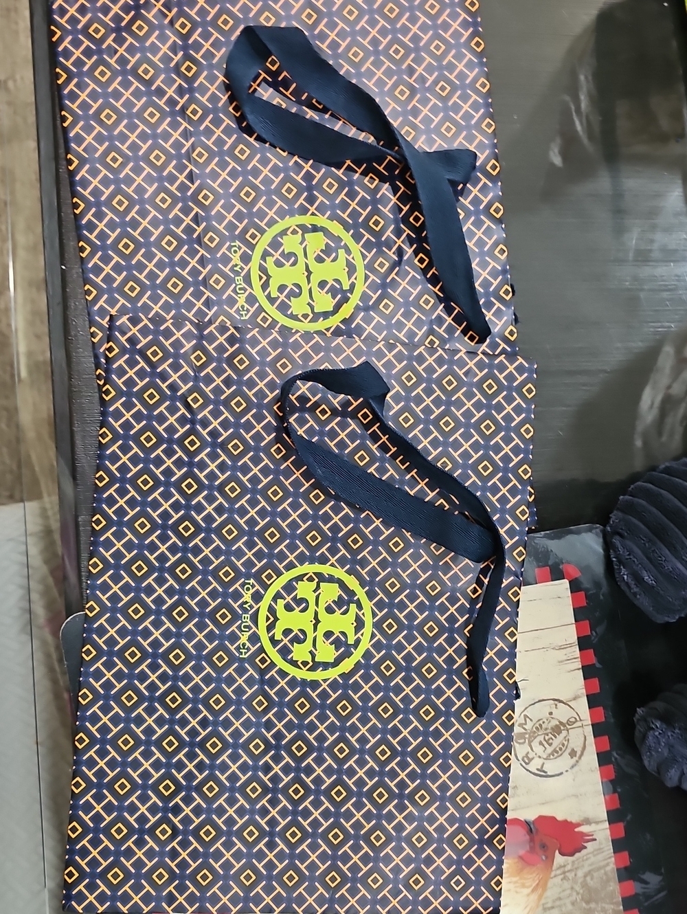 Two Tory Burch Navy Tote with Yellow-Green Logo Accents